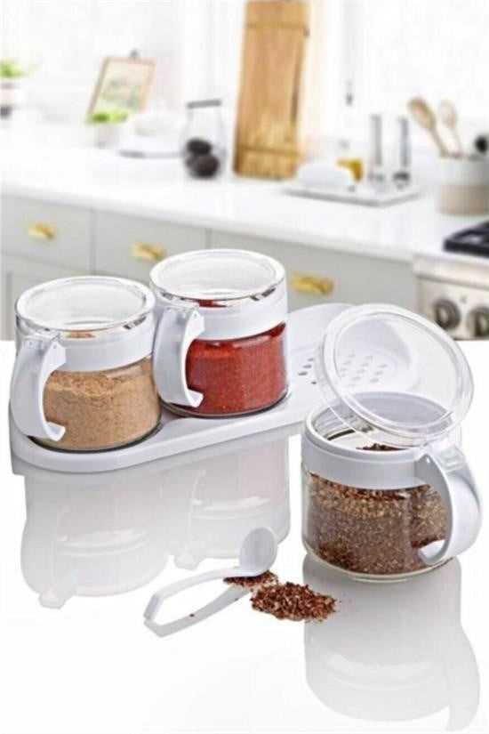 Nuvia Home®  Beyaz 3lü Standlı Kapaklı Kaşıklı Cam Hava Sızdırmaz Baharatlık Takımı KC-386