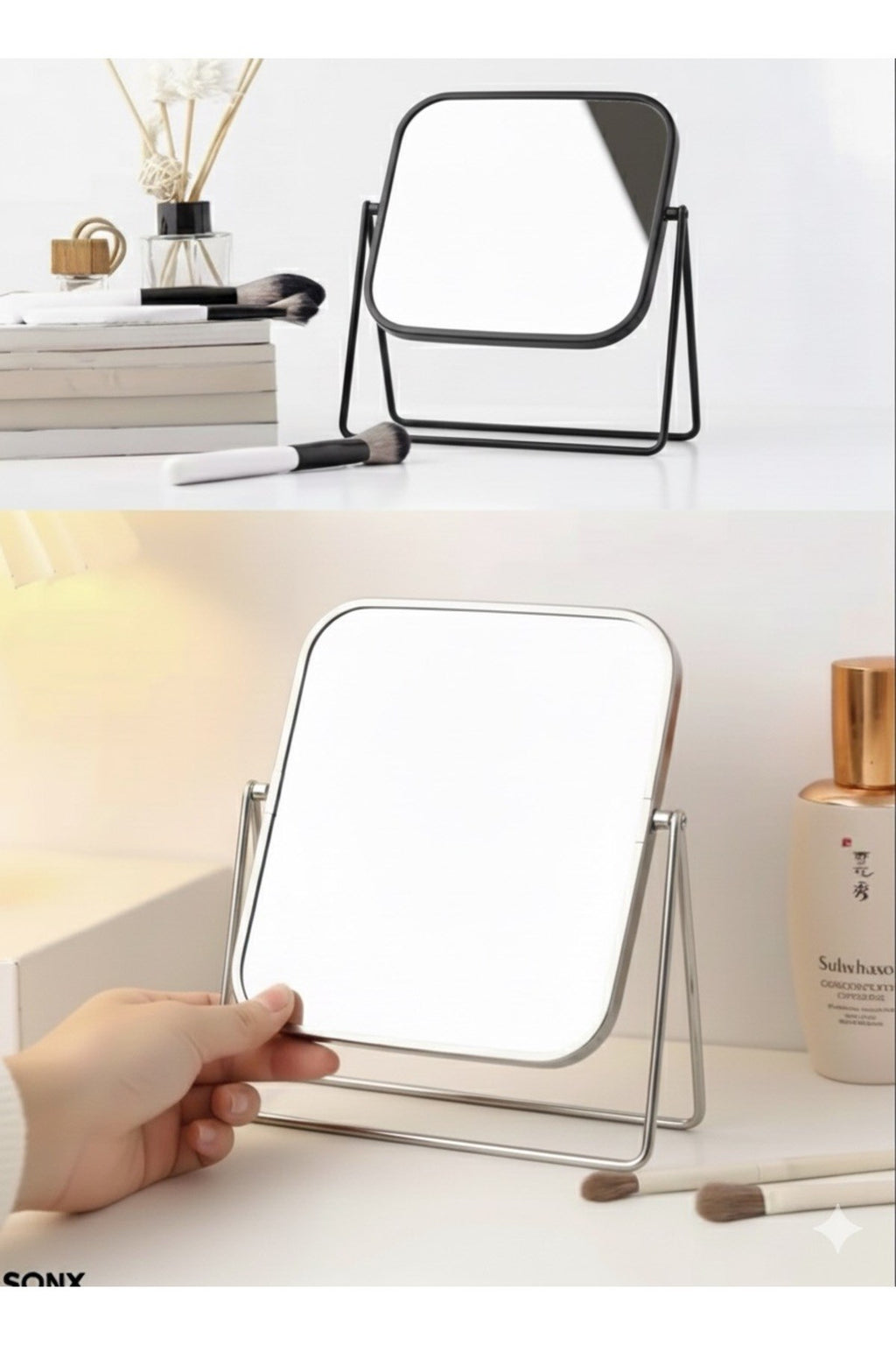 Gümüş Renk Ayarlanabilir KARE Metal Ayaklı Masa Üstü Makyaj Aynası –360° Döner,Şık Dekoratif Tasarım