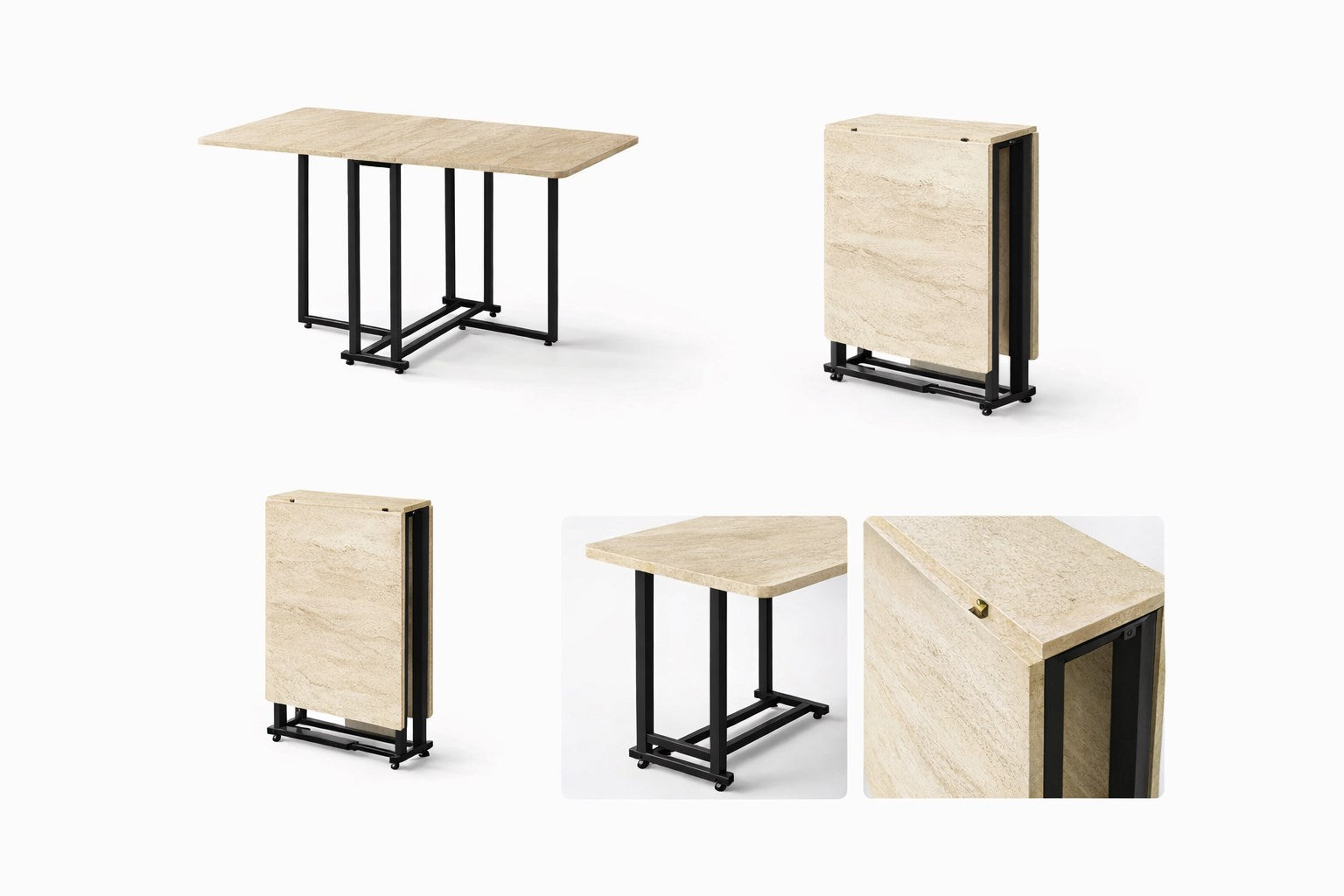 Traverten Portatif Katlanır Yemek Masası – Metal Ayaklı