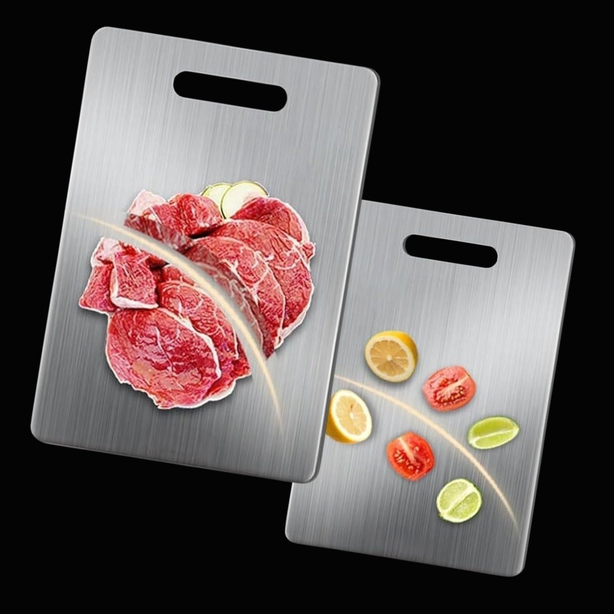 Nuvia Home® 2 Boy Paslanmaz Çelik Leke Tutmaz,Kırılmaz,Antibakteriyel,Elde ve Bulaşık Makinesinde Yıkanabilen Meyve,Sebze,Et,Tavuk Kesim Panosu