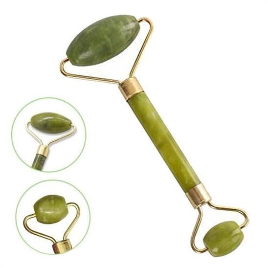 Nuvia Home® Özel Süngerli Kutusunda Kırılmaz Çift Taraflı 2li Cilt Yüz Masaj Aleti Jade Roller Yeşim Taş