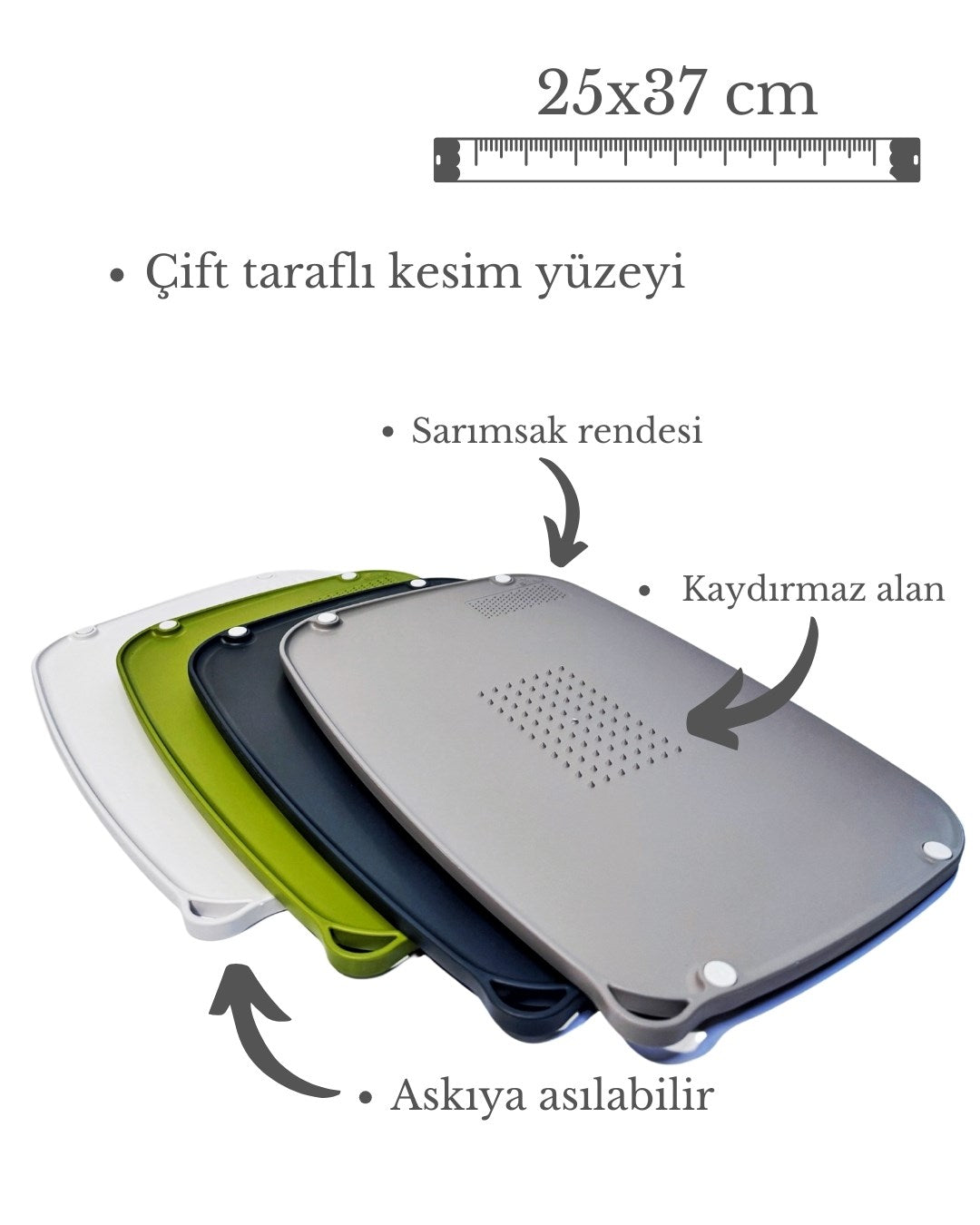Kaymaz Ayaklı Çift Taraflı Renkli Plastik Kesme ve Doğrama Tahtası – Kaydırmaz Taban, Sarımsak Ezme Alanlı