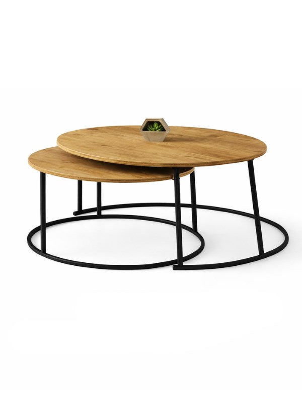 Çam Yavrulu Orta Sehpa Seti – Siyah Metal Ayaklı