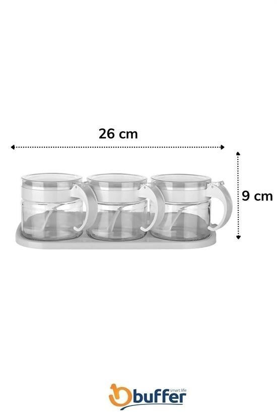 Nuvia Home®  Beyaz 3lü Standlı Kapaklı Kaşıklı Cam Hava Sızdırmaz Baharatlık Takımı KC-386