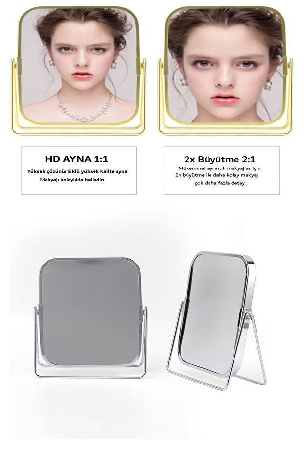 Gümüş Renk Ayarlanabilir KARE Metal Ayaklı Masa Üstü Makyaj Aynası –360° Döner,Şık Dekoratif Tasarım