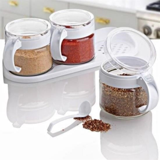 Nuvia Home®  Beyaz 3lü Standlı Kapaklı Kaşıklı Cam Hava Sızdırmaz Baharatlık Takımı KC-386