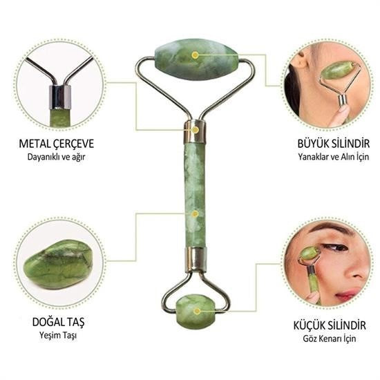 Nuvia Home® Özel Süngerli Kutusunda Kırılmaz Çift Taraflı 2li Cilt Yüz Masaj Aleti Jade Roller Yeşim Taş