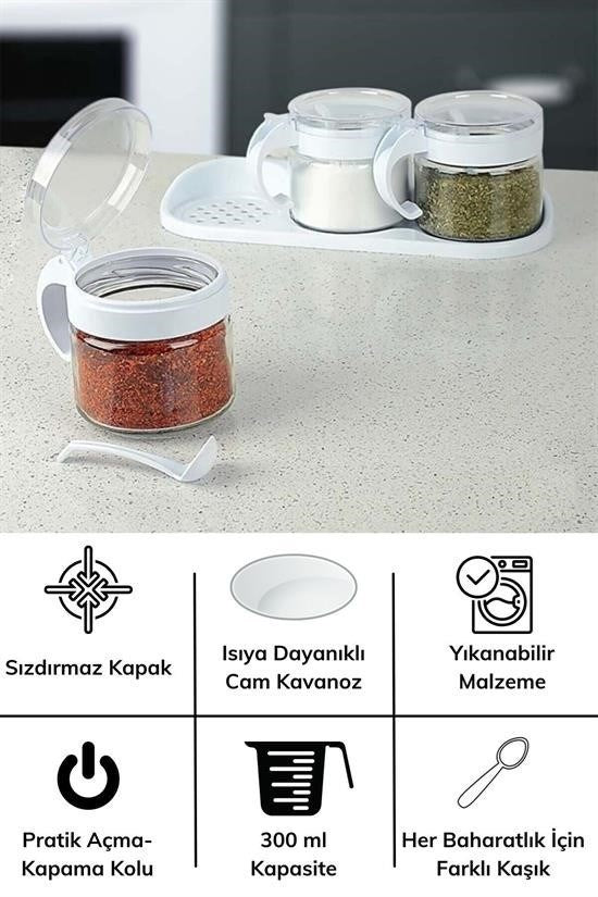 Nuvia Home®  Beyaz 3lü Standlı Kapaklı Kaşıklı Cam Hava Sızdırmaz Baharatlık Takımı KC-386