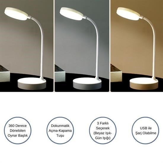Nuvia Home® Yuvarlak USBli Dokunmatik 3 Kademeli 360 Derece  Özel Göz Korumalı Led Lityum Masa Lambası