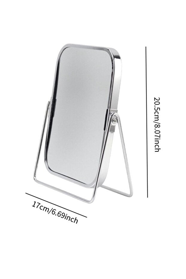 Gümüş Renk Ayarlanabilir KARE Metal Ayaklı Masa Üstü Makyaj Aynası –360° Döner,Şık Dekoratif Tasarım