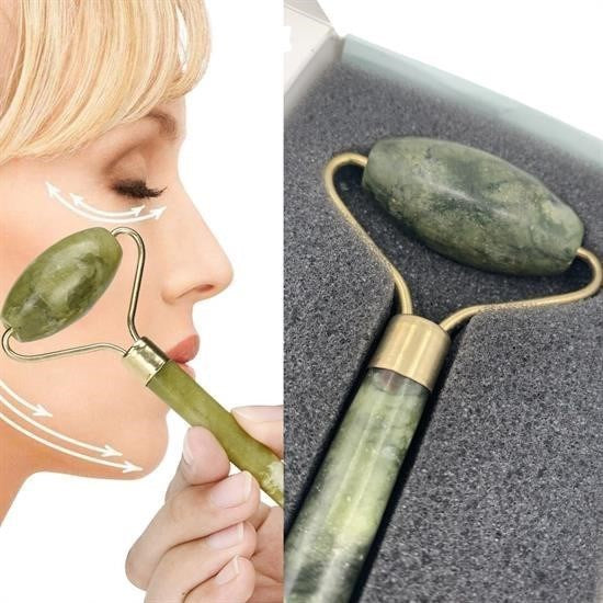 Nuvia Home® Özel Süngerli Kutusunda Kırılmaz Çift Taraflı 2li Cilt Yüz Masaj Aleti Jade Roller Yeşim Taş