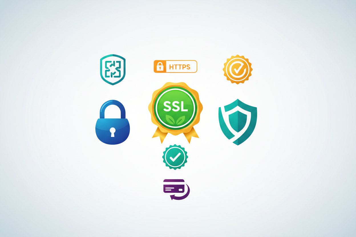 metin yazısı var o olmasın sadece logo ve simgler olsun güvenlikle SLL ile ilgili güven veren logolar ve simgeler yer alsın rka plan soft olsun simgler renkli olabilir